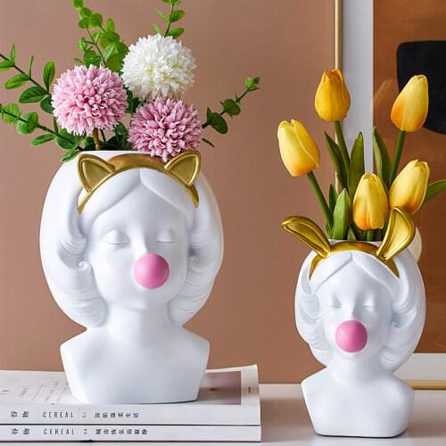 Piece Nordic Style Resin Human Face Vase Cute Girl Bubble Gum Decorative Flower Pot Succulent Flower Pot Home Tabletop Decor