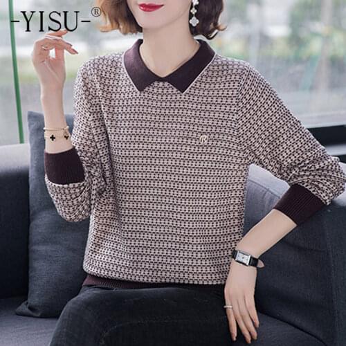 YISU 2021 Spring Women Sweater Lapel Spring tops Wool Long sleeve Female Jumper Fashion Casual Stripe All-match Knitted pullover