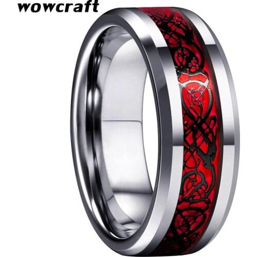 8mm Red Dragon Tungsten Wedding Rings Engagement Band Matte Finish Surface Comfort Fit with Center Grooved