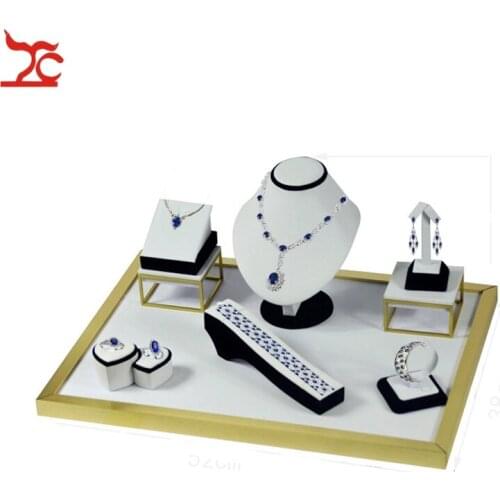 High Quality Stainless Steel Jewelry Display Showcase Black White PU Ring Earring Organizer Necklace Bust Stand Set 52*38*21cm