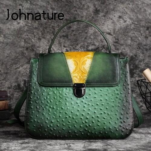 Johnature 2021 New Genuine Leather Luxury Handbags Women Bags Designer Ostrich Pattern Versatile Cowhide Shoulder Messenger Bags