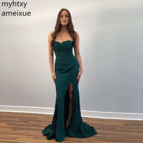 Plus Size Dark Green Long Evening Dresses Sleeveless Mermaid Style Appliques Beading Vestido De Noche 2021 Women Formal Party