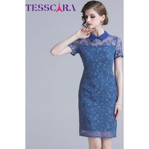 TESSCARA Women Summer Blue Lace Pencil Dress Festa Female High Quality Office Party Robe Femme Designer Short Mini Vestidos