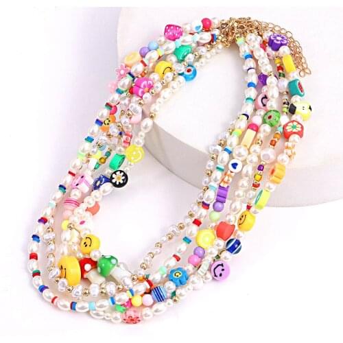 Handmade Imitation Pearls Smile Face Beaded Necklace For Women Acrylic Bead Strand Choker Collar Bohemian Jewelry 2021 New Trend