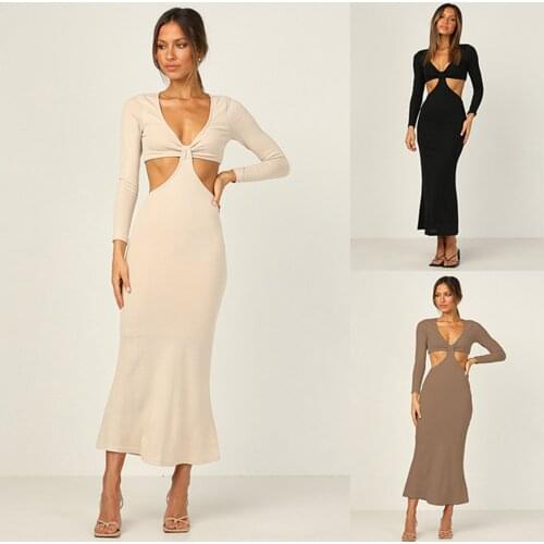 2021 New Women Sexy Backless Fashion Dress Solid Color Long Sleeve V-neck Cutout Black Apricot Khaki