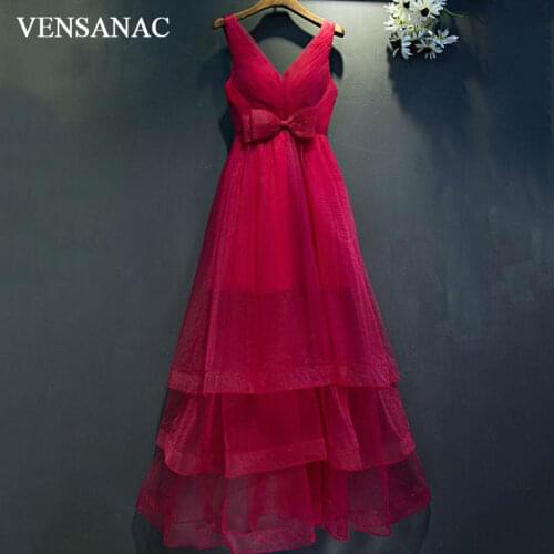 VENSANAC 2017 New A Line Bowknot V Neck Long Evening Dresses Sleeveless Elegant Lace Tank Pleat Party Prom Gowns