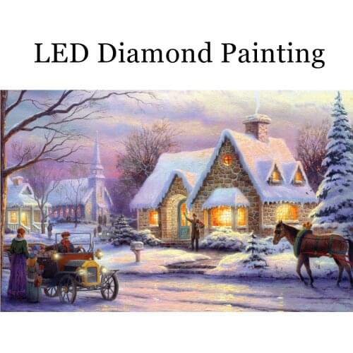Winter House LED Diamond Painting Full Round Diamonds With Frame Free Shipping Home Decor Christmas Gift Decoration LED3002