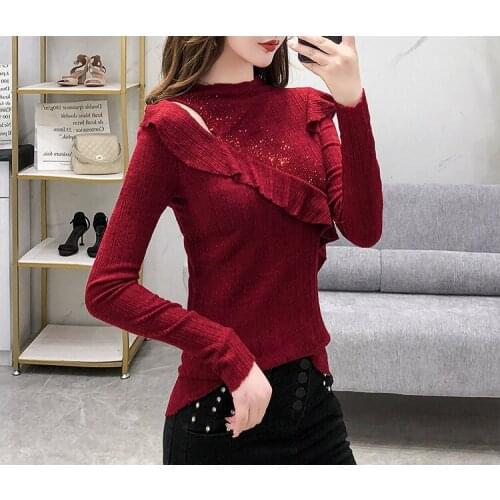 2020 new womens stand collar long sleeve ruffles patchwork rhinestone shinny bling t-shirt sexy fashion tops SMLXLXXL3XL