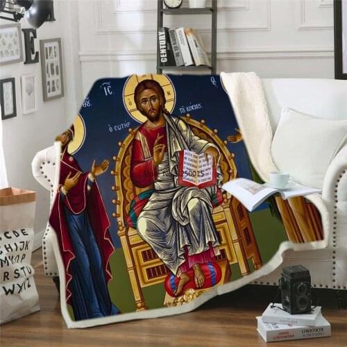 3D Printed Plush Blanket European God Jesus Holy Family Christian Pattern on Bed Sofa Soft Bedspread Sherpa Fleece Throw Blanket