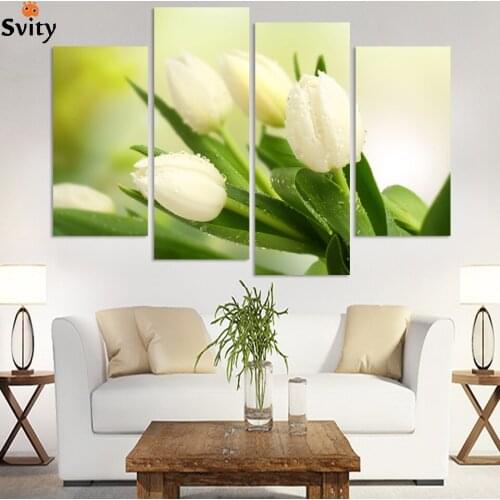 4 Panel Hot Sell Modern Wall Painting Home Decorative Art Picture Paint on Canvas Prints The charming white tulip