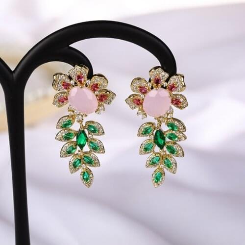Bilincolor Green Leaf and Flower Drop Earring for Women Summer Wedding Dinner Party Jewelry