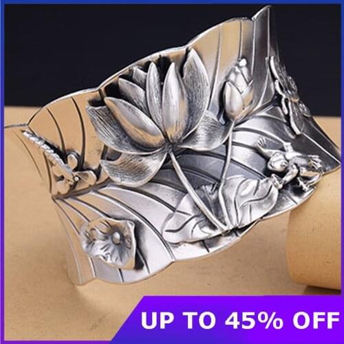 S999 Sterling Silver Female Bracelet Personality Opening Wide Leaf Butterfly Dragonfly Lotus Pure Argentum Bangle Jewelry Gifts