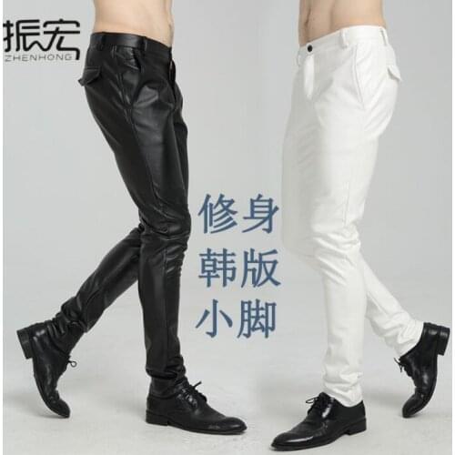 Black white faux leather pants mens feet pants thin fashion motorcycle pu trousers for men personality pantalon homme