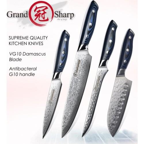 Damascus Kitchen Knives 4 PCS Chef knife Set Boning Utility Santoku Gyuto VG10 Japanese Stainless Steel Blue Handle Gift Box NEW