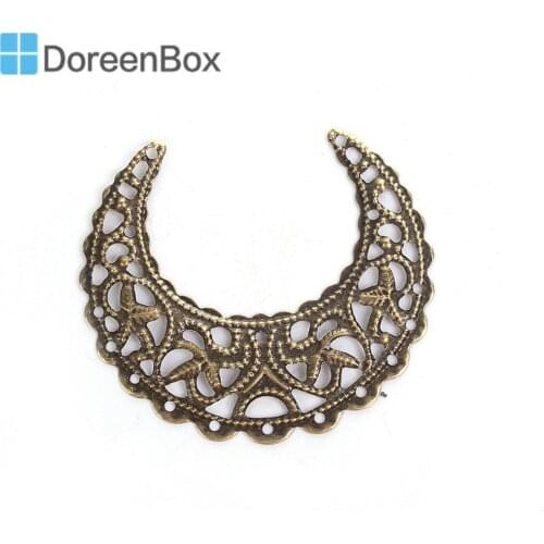 Doreen Box Zinc Based Alloy Embellishments Half Moon Antique Bronze Filigree Carved DIY Jewelry Making 43 x 38mm(1 4/8"), 50 PCs