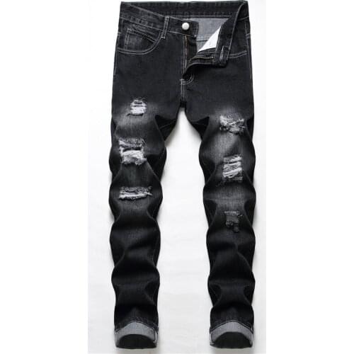Fashion Hole Straight Destroyed Moto Jeans Brand Mens Slim Casual Ripped Jeans Homme Black Denim Trousers High Quality Cotton