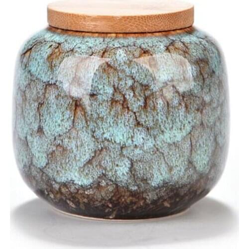 Kungfu Green Tea Storage Canister Kitchen Teaware Tool Ceramic Tea Box Jar Glaze Kiln Change Tea Caddy with Wood Lid