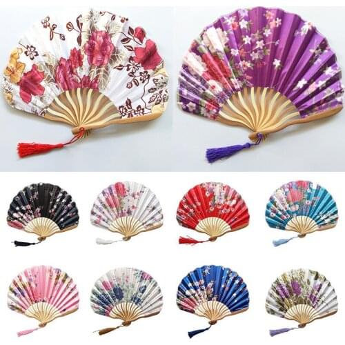 Hand Fold Fan Vintage Style Bamboo Wood Silk Flower Japanese Chinese Artificial Pink Wedding Girl Man Dance Decorate Home