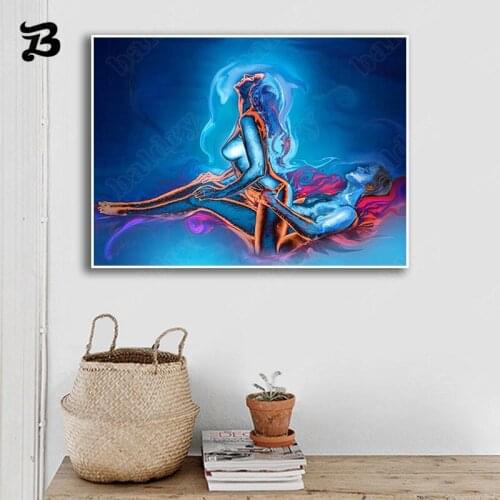 Canvas Painting Blue Color Sexy Nude Make Love Men and Women Canvas Poster and Print Wall Art Picture for Living Room Home Decor