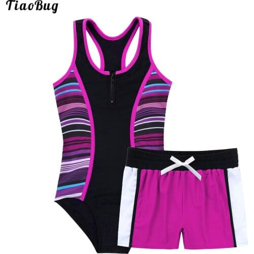 TiaoBug Summer Kid Girls 2Pcs Swimming Suit One-Piece Round Neck Sleeveless Racer Back Jumpsuit And Boyshorts Beach Swimwear