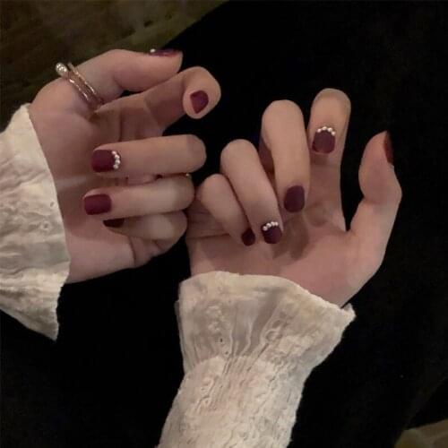 Matte wine red pure color with pearl decoration 3d fake nails Cute bride full nail tips short size lady full nail tips