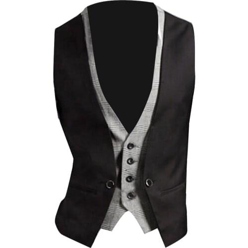 Men Formal Waistcoat Vest Business Solid Color Single Button Vest gilet Fake Two-pieces V Neck Casual chalecos para hombre Q6419