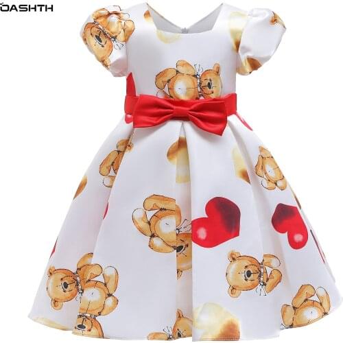 OASHTH New childrens skirt girls puff sleeve dress bear heart-shaped print dress skirt
