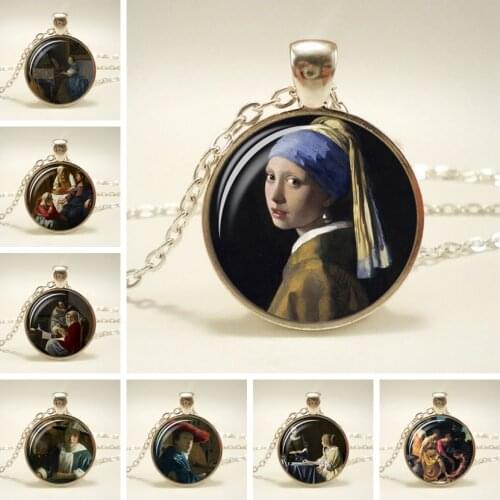 Girl Wearing Pearl Johannes Vermeer Art Pendant Necklace Silver Color Chain Necklace Art Picture Necklaces Jewelry for Women