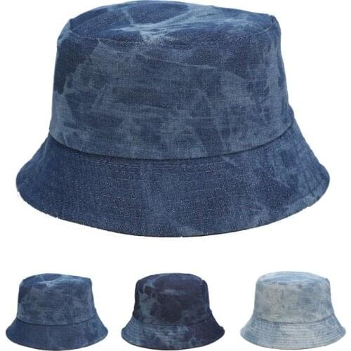 Denim Bucket Hat Women Tie Dye Fashion Retro Vintage Bob Cotton Casual Solid Flat Panama Men Summer Sun Collapsible Fishing Cap