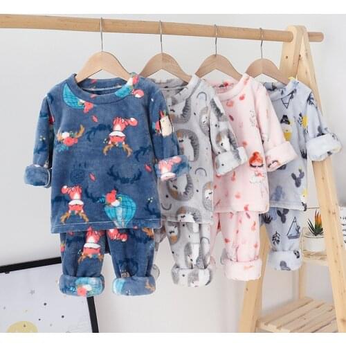 Teen Boys Pajamas Winter Thicken Warm Flannel Sleepwear Toddler Girls Clothes Childrens Pajamas Suit Cartoon Pyjamas Kids Sets