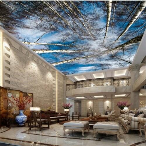 Custom HD Sky Big Tree White Birch Tree Photo Wallpaper 3D Ceiling Mural Living Room Theme Hotel Decor 3d Wallpaper behang