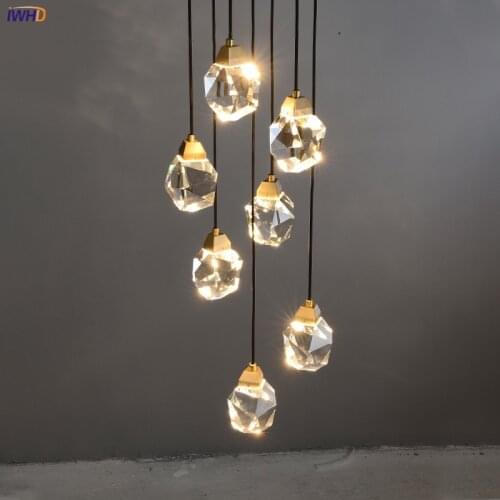 IWHD Luxury Diamond Crystal Pendant Lamp Beside Stair Bedroom Dinning Living Room Light Nordic Modern Copper Hanging Lights LED