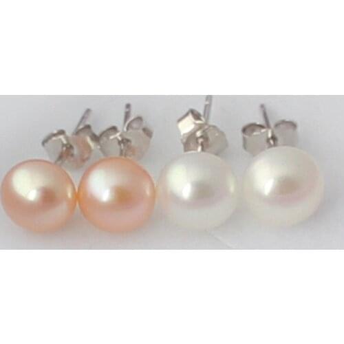 Free shipping 2 pair pink white Ocean Treasures Certified Cultured Pearl Stud Earrings 7-8mm