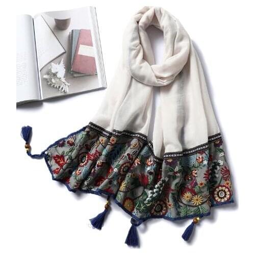 Vintage cotton and linen scarves solid colors and all matching shawls long wood bead tassel Muslim headscarf embroidery scarves