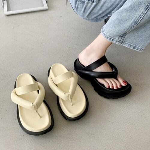 Women Thick Platform Slippers Summer Square Head Flip Flops Two Wear Soft All-match Casual Sandals Anti-slip Shoes Pu Leather