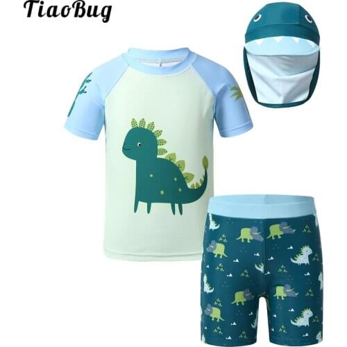 TiaoBug 3Pcs Kids Boys Tankini Short Sleeves Cartoon Printed Swimsuit Set Tops With Bottoms Swimming Cap Set Swimwear Beach Suit