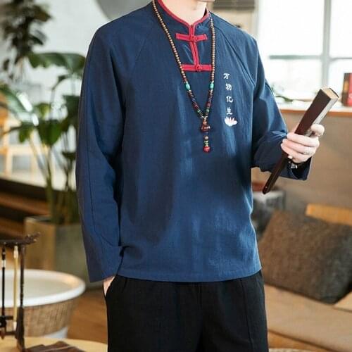 Vintage Men Shirt Cotton Kung Fu Clothe Solid Mandarin Collar 2021 Streetwear Blouse Chinese Traditional Casual Men Shirt KK3462