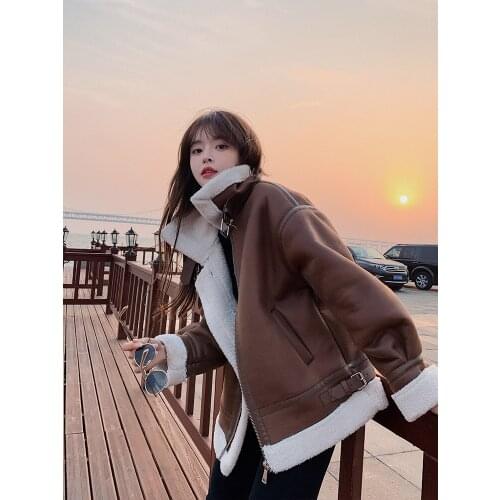 Women 2021 Autumn Winter Faux Fur Leather Jacket Female Wool Coat Thick Motorcycle Jackets Vintage Faux Lambswool Outwear Y349