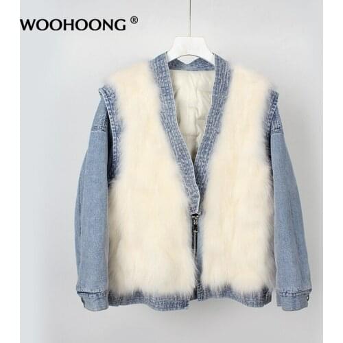 Womens Natural Raccoon Fur Coat Real Fur Coat Stitching Denim Jacket Down Liner Fur Vest With Detachable Sleeves