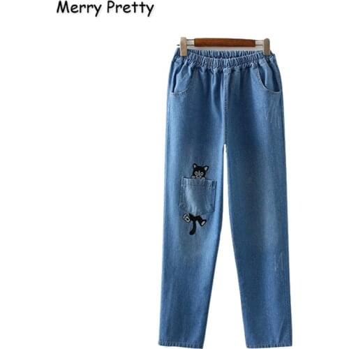 Merry Pretty Women Jeans Pants Cartoon Dog Embroidery Pockets Denim Pants Elastic Waist Straight Softener Jean Pants Mom Jeans