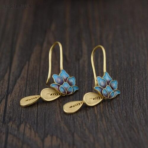BESTLYBUY Genuine 925 Sterling Silver Vintage Drop Earrings for Women Gift Gold Color Ethnic Enameling Earrings Jewelry Brincos