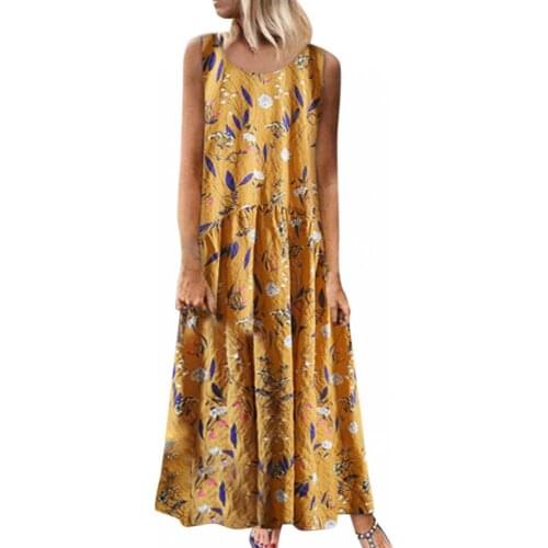 Summer dress Plus Size Bohemian Flower Print Loose Women Round Neck Sleeveless Maxi Dress robe femme Womens Clothing 2021