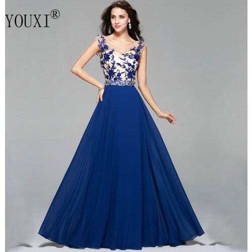 Elegant Cap Sleeves Blue Prom Dresses 2019 Scoop Chiffon Embroidery Crystal Belt vestido de festa Evening Party Dresses Women