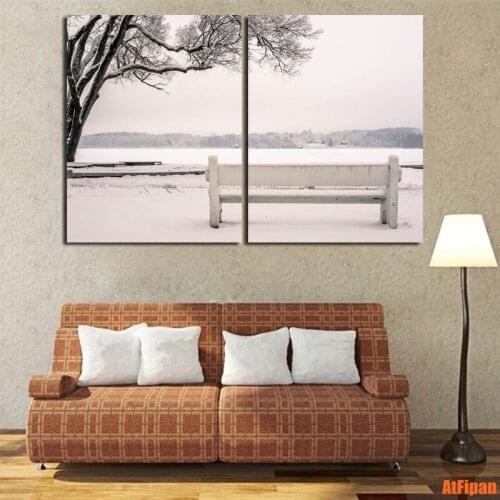 Winter Landscape Bench Snowy HD Print Not Framed Printing Canvas Painting Wall Art Prints 2 Panels Poster For Living Room