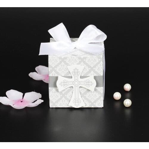 10pcs Cross candy box Bomboniere Wrap Holders with Ribbons For Baby Shower Baptism Birthday Wedding First Communion Christening