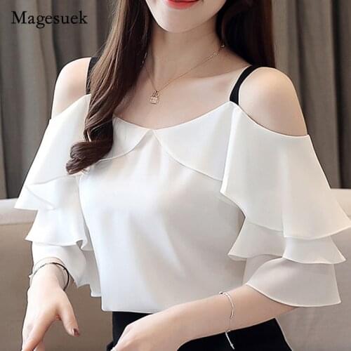 2021 Fashion White Short Sleeve Women Shirts Chiffon Blouse Shirt Women Tops Slash Neck Off Shoulder Top Women Blouses 3571 50