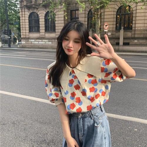 2021 Women Summer Cotton Vintage Floral Blouse Peter Pan Collar Straight Shirt Puff Sleeve Loose Tops