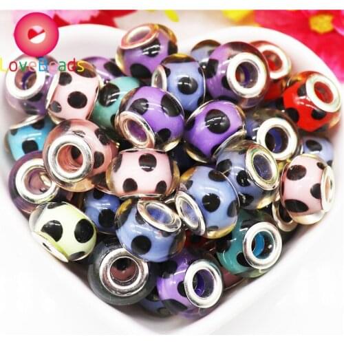50pcs Mixed Color Round Dot Clear Resin Acrylic Large Hole European Bead Charm Spacer Murano Fit DIY Pandora Bracelet Jewelry
