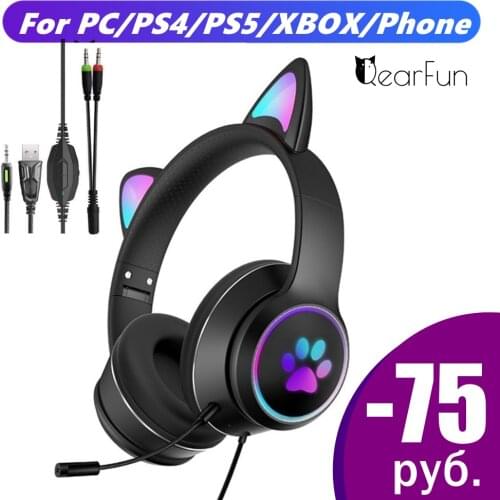 RGB Cute Girls Cat PC Gamer Headset With Microphone For PS4 Playstation 5 Xbox Laptop Phone Stereo Bass Wired Gaming Headphones