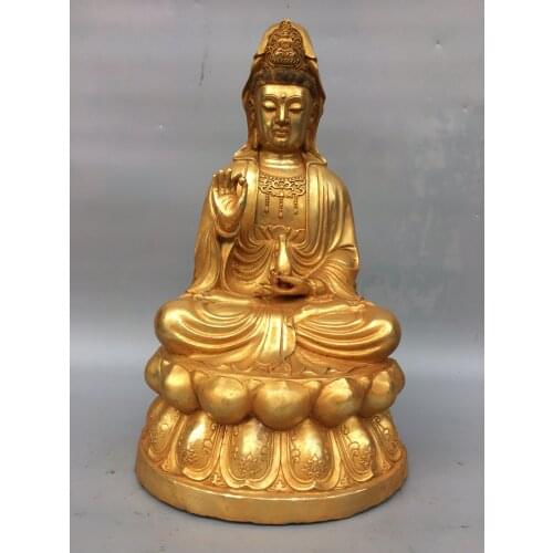 15"Chinese temple collection Old Bronze Gilt Guanyin Bodhisattva statue Sitting Buddha Enshrine the Buddha Ornaments Town House